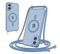 Woijrly Cover Magnetica con Cordino per iPhone 16, Compatibile con MagSafe, Sottile con Laccio Collana Tracolla Regolabile AntiGraffio Case con Collana per iPhone 16-Azzurro