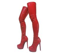 woileRQ Stivali sopra Il Ginocchio in Pelle Verniciata Elasticizzata da Donna, Stivali Alti alla Coscia con Plateau Rossi, Stivali Lunghi con Tacco a Spillo da 6 Pollici,Rosso,40
