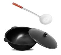 Wok ghisa 12 l (fondo rotondo) Kazan con schiumatoio NAMANGAN Uzbek Kazan Uzbeko Asia WOK Cast Iron KESSEL Camping Uzbek Pentola con coperchio in alluminio