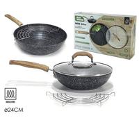 Wok Padella antiaderente in alluminio a induzione con coperchio e griglia 24 cm
