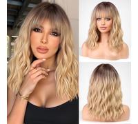 WOKESTAR Bob Parrucche con Frangia Ordinata, Parrucche Sintetiche Ricci Ondulate per Donne Colore Bionde con Radici Scure
