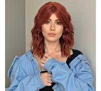 WOKESTAR Parrucca Bob Riccia con Frangia, Parrucche Ondulate Sintetiche Corte per Donna Color Rame