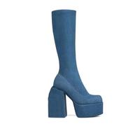 WOkismD 14 CM Jeans al Ginocchio Stivali Rotondi Punta Spessa Fondo Tacco Grosso Cowboy Stivali,Blu,37 EU