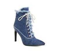 WOkismD 9.5CM Jeans Stiletto Tacco Alto Stivaletti Punta a Punta Lace-Up Ankle Boots Zipper Short Boots Scarpe Formali,Blu,35 EU