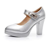 WOkismD Décolleté con Plateau e Tacchi Alti da Donna Décolleté con Fibbia con Strass Cinturino alla Caviglia Mary Janes Scarpe con Tacco Largo Abito da Cerimonia Nuziale Calzature,Argento,40