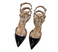 WOkismD Décolleté con Punta a Punta da Donna Rivetto alla Moda con Borchie Tacco Medio Tacco Largo T-Strap Slingback Tacchi Spessi Sandali Scarpe Eleganti da Festa di Nozze,Nero,40