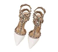 WOkismD Décolleté con Punta a Punta da Donna Rivetto alla Moda con Borchie Tacco Medio Tacco Largo T-Strap Slingback Tacchi Spessi Sandali Scarpe Eleganti da Festa di Nozze,Bianca,36