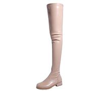 WOkismD Donna tacco grosso tacchi bassi moda casual in pelle stivali alti alla coscia punta tonda tacco grosso sopra gli stivali al ginocchio stretch abito autunno inverno stivaletti alti,Beige,47