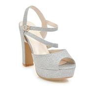 WOkismD Sandali con plateau e tacco alto da donna, robusti, rotondi, con punta aperta e cinturino alla caviglia, sandali con tacco e paillettes glitterate, per feste, balli di fine anno,Argento,35