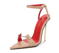 WOkismD Sandali da donna con fibbia in metallo Punta aperta Stiletto Tacchi alti Cinturino alla caviglia Sandali con tacco Scarpe da abito da sposa Tacco 12 cm,Beige,36