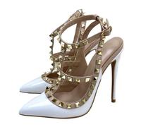 WOkismD Scarpe con Cinturino Posteriore per Donna, con Tacco a Spillo Borchiato, con Cinturino alla Caviglia, Punta Chiusa, Borchie, Tacchi Alti, Scarpe da Ufficio, da Sposa, da Festa,Bianca,45