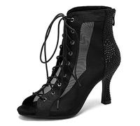 WOkismD Scarpe da Ballo Latino da Donna Stivaletti con Punta Aperta da Sala da Ballo Stivaletti con Lacci in Rete Stivaletti con Cerniera Tacco Grosso Stivale da Discoteca Sexy,Nero,34