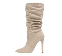 WOkismD Stivaletti Alti Fino al Ginocchio da Donna in Finta Pelle Scamosciata con Tacco a Spillo da 4" e Punta a Punta, Stivali Alti Fino al Ginocchio, Elastici, Slip on, Stivali Lunghi,Beige,36