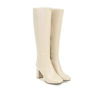 WOkismD Stivali Alti Fino al Ginocchio Con Polpaccio Largo da Donna, Tacco Spesso a Blocco, Punta Rotonda, Cerniera Laterale, in Pelle PU, Eleganti per Autunno, Beige, 38