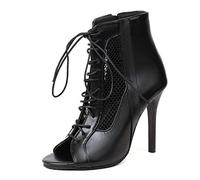 WOkismD Stivali da Ballo a Punta Aperta Scarpe da Ballo alla Caviglia con Lacci per Sala da Ballo Latino da Donna Tacchi a Spillo con Zip Laterale Tacchi Alti,Nero,36