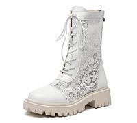 WOkismD Stivali da Donna a metà Polpaccio in Pizzo con Plateau Stivali da Combattimento con Tacco Basso e Piatto con Lacci Cerniera Posteriore Stivaletti alla Moda Scarpe da Ballo per Feste,Bianca,45
