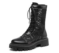 WOkismD Stivali da Donna a metà Polpaccio in Pizzo con Plateau Stivali da Combattimento con Tacco Basso e Piatto con Lacci Cerniera Posteriore Stivaletti alla Moda Scarpe da Ballo per Feste,Nero,36