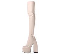 WOkismD Stivali sopra il ginocchio da donna Piattaforma Chunky Block Tacco alto Punta tonda Zip Stivali alti attillati Punk gotico Stivali da combattimento da motociclista Scarpe eleganti,Beige,41