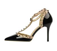 WOkismD Tacchi con Borchie per Le Donne Rivetto con Cinturino a T Tacchi a Spillo da Sposa Scarpe a Punta Sandali da Indossare Ogni Giorno Sandali da 3,5 Pollici con Tacco a metà Gattino,Nero,39