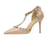 WOkismD Tacchi con Borchie per Le Donne Rivetto con Cinturino a T Tacchi a Spillo da Sposa Scarpe a Punta Sandali da Indossare Ogni Giorno Sandali da 3,5 Pollici con Tacco a metà Gattino,Marrone,38