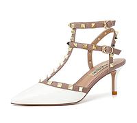 WOkismD Womens Closed Toe Kitten Heels Punta a Punta Sexy Slingback Tacco Medio Décolleté Moda Rivetto con Borchie Cinghie a T Tacchi a Spillo Abito da Sposa Scarpe da Sposa,Bianca,39