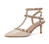WOkismD Womens Closed Toe Kitten Heels Punta a Punta Sexy Slingback Tacco Medio Décolleté Moda Rivetto con Borchie Cinghie a T Tacchi a Spillo Abito da Sposa Scarpe da Sposa,Beige,38
