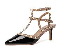 WOkismD Womens Closed Toe Kitten Heels Punta a Punta Sexy Slingback Tacco Medio Décolleté Moda Rivetto con Borchie Cinghie a T Tacchi a Spillo Abito da Sposa Scarpe da Sposa,Nero,34