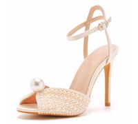 WOkismD Womens Perle Sandali da Sposa Open Toe Stiletto 10.5 CM Sandali con Tacco da Sposa Perla Tacchi Alti per Festa Serale,d'oro,36 EU