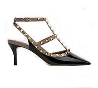 WOkismD Womens Slingback Kitten Heel Décolleté con Punta a Punta Décolleté con Borchie in Metallo T-Cinghie Tacchi Alti Office Lady Sandali Party Prom Dress Shoes,Nero,40