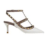 WOkismD Womens Slingback Kitten Heel Décolleté con Punta a Punta Décolleté con Borchie in Metallo T-Cinghie Tacchi Alti Office Lady Sandali Party Prom Dress Shoes,Bianca,39