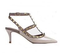 WOkismD Womens Slingback Kitten Heel Décolleté con Punta a Punta Décolleté con Borchie in Metallo T-Cinghie Tacchi Alti Office Lady Sandali Party Prom Dress Shoes,Beige,40