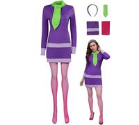Wolancy Costume da Daphne Blake da Scooby Doo, cosplay, Daphne, vestito, sciarpa, fascia, calzini, uniforme per adulti, Viola, Large