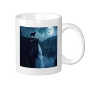 Wolf 1 tazza stampata natura, cielo notturno, montagna, luna, foresta, cascata, nuvola, uccello, albero grigio, blu, ceramica, peso leggero, collezione soggiorno, laboratorio, esterno, ufficio, fondo