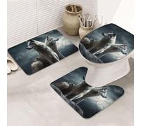 Wolf at Night - Set di 3 tappeti da bagno a forma di U, tappetini da bagno in microfibra antiscivolo + copriwater, morbidi e assorbenti, decorazione per la casa