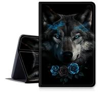 Wolf Blue Rose Custodia per iPad di 9a/8a/7a generazione 10,2" 2021/2020/2019, custodia pieghevole in pelle PU antiurto con funzione di accensione/spegnimento automatico per iPad da 10,2 pollici