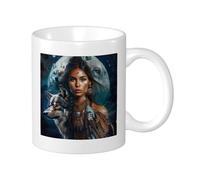 Wolf - Confezione da 1 tazza con stampa di bellissimi orecchini in stile tribale, da donna, luna, animali, piuma indiana, blu, marrone, ceramica, collezione leggera, per soggiorno, laboratorio