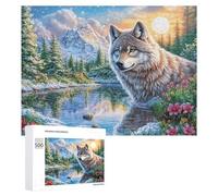 Wolf in Mountain Lake with Full Moon Puzzle 500 Pezzi Per Anziani Attività A Casa Mantenimento Cognitivo Regalo Per Persone Anziane 500 PCS
