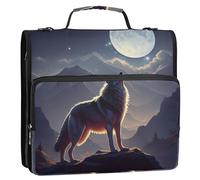 Wolf Mountain Night Moon - Raccoglitore a 3 anelli con cerniera, con tracolla, per scuola, multi tasche, grande cartella