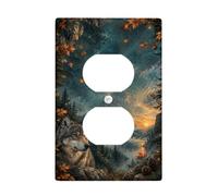 Wolf Mountain Sunset Autumn Scene Duplex Outlet Covers Plate | Paesaggio di montagna, pineta, paesaggio al tramonto, arte della fauna selvatica, decorazione rustica per la casa