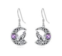 Wolf-Orecchini da donna in argento sterling 925, nodo celtico lupo orecchini pendenti vintage ametista mezzaluna, regali di compleanno e Natale