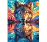Wolf Reflected in Water Under The Moon Puzzle 1000 Pezzi Difficoltà Estrema Cartone Spesso Tema Monocromatico Wildlife Pet Per Appassionati Di Puzzle Antistrappo Non Sbiadisce Top Vendita 1000 PCS