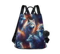 Wolf Swirling Blue Orange Nebulose Zaino da donna alla moda con design antifurto, stampa alla moda, multi tasca, portachiavi regalo 17L