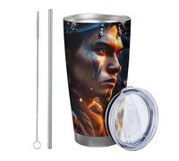 Wolf Tumbler Confezione da 1 Cool Man Wolf Indian Tribe Style Fire Estetica Piuma blu arancione Metallo Acciaio Can Cooler Infrangibile No Spill Viaggi Piscina All'aperto Con Coperchio tazza da 590 ml