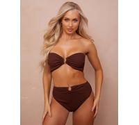 Wolf & Whistle Coppe Grandi x Abby Benson - Slip bikini a vita alta marroni stropicciati con finiture oro-Marrone 50