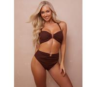 Wolf & Whistle Coppe Grandi x Abby Benson - Top bikini marrone stropicciato con finiture oro 10E-F
