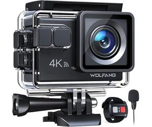 WOLFANG Action Cam GA100 4K 30FPS, 20MP WiFi PC Camera, Fotocamera per Casco, Subacquea 40M Impermeabile Videocamera, EIS, Telecomando2.4G, Mic Esterno,2x1050mAh Batterie e Accessori di Montaggio