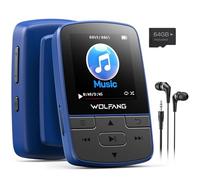WOLFANG Lettore MP3 da 64 GB con Bluetooth 5.3, clip sportiva, formato mini, peso 28,3 g, altoparlante HiFi, radio FM, registratore vocale, auricolari inclusi