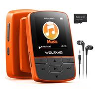 WOLFANG Lettori MP3 da 64 GB con Bluetooth 5.3, clip sportiva, formato mini, peso 28,3 g, radio FM HiF, registratore vocale, auricolari inclusi, arancione