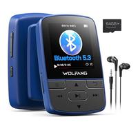 WOLFANG Lettori MP3 da 64 GB con Bluetooth 5.3, clip sportiva, formato mini, peso 28,3 g, radio FM HiF, registratore vocale, auricolari inclusi, arancione