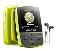 WOLFANG Lettore MP3 da con Bluetooth 5.2, clip sportiva (Verde Fluo) | formato mini, peso 28,3 g, radio FM HiF, registratore vocale, auricolari inclusi, Scheda SD non inclusa